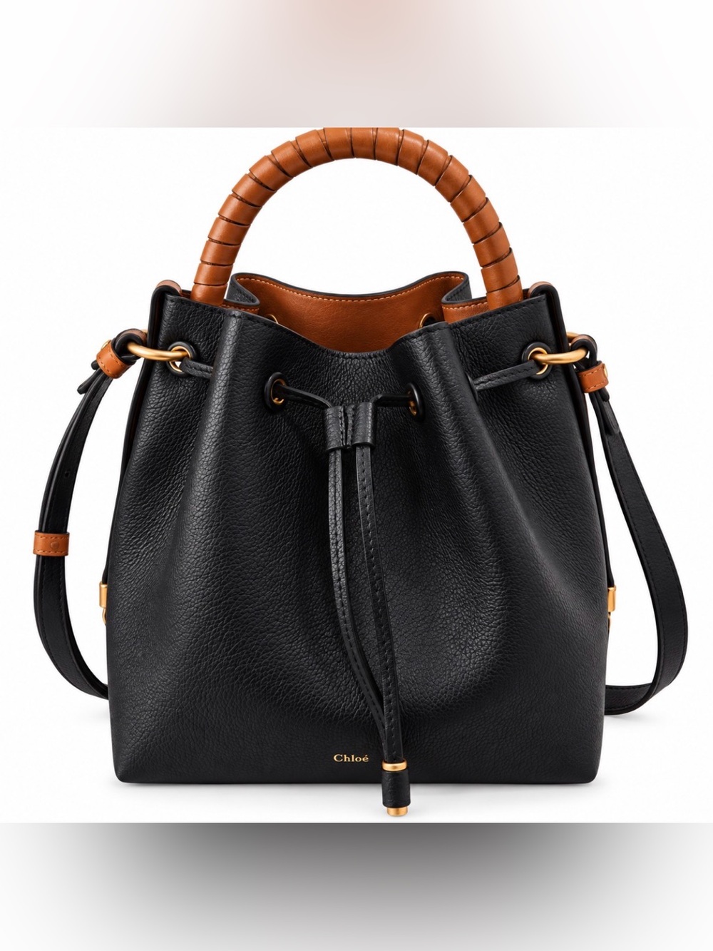 Chloé Marcie Black and Cognac Leather Drawstring Shoulder Bag - Authentic!